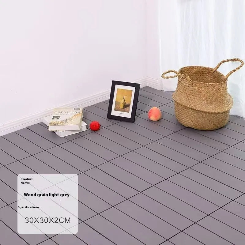 Pack of ten interlocking wood grain plastic floor tiles showing non-slip textured surface.