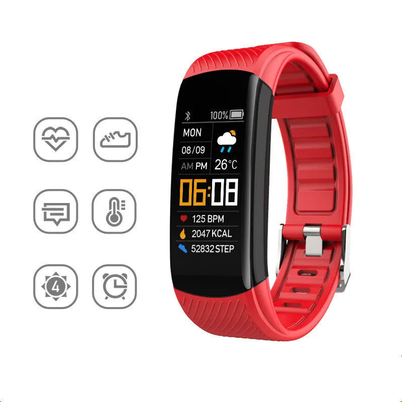 TPU sports pedometer bracelet on wrist showing 0.96-inch touch screen, available in multiple colours.