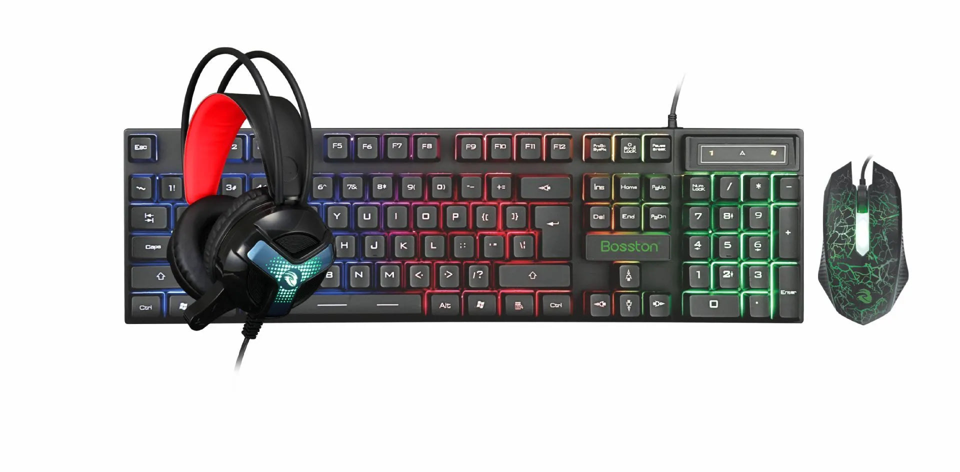 Thunder Wolf T800 wired computer peripheral bundle showing keyboard, mouse, headset, and mouse pad