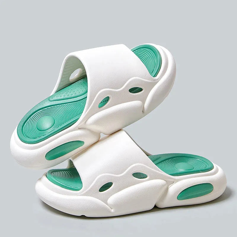 Two-colour EVA slippers for couples with thick sole, shown in pink and purple colour option.