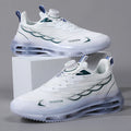 White men's casual running shoes with rotating button closure and mesh uppers
