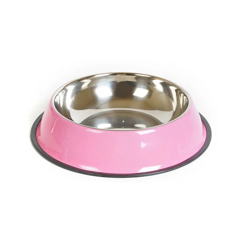 Stainless steel pet bowl inside colourful melamine pot with non-slip base