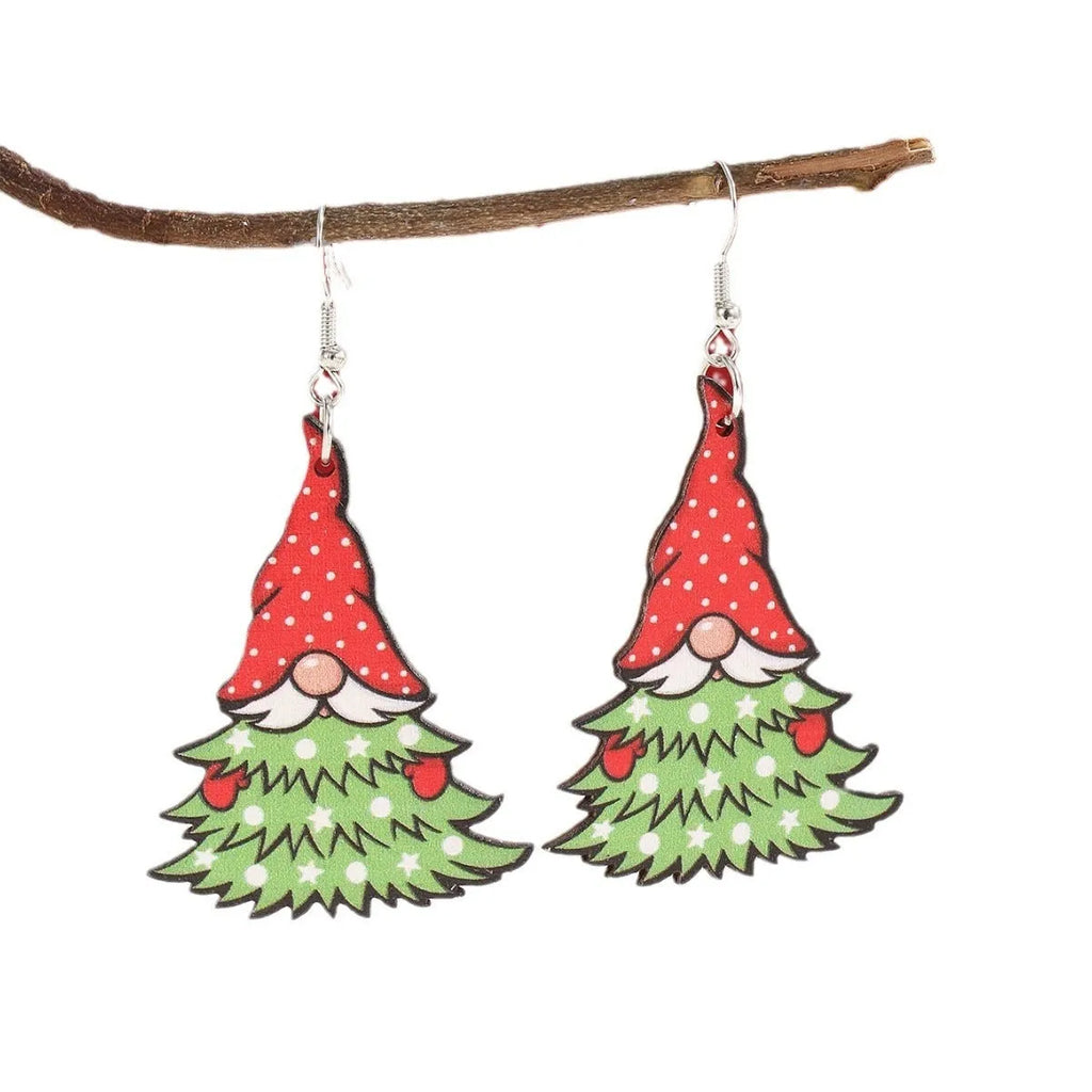 Women's wooden Christmas earrings with geometric tree and snowman shapes featuring Santa Claus elements