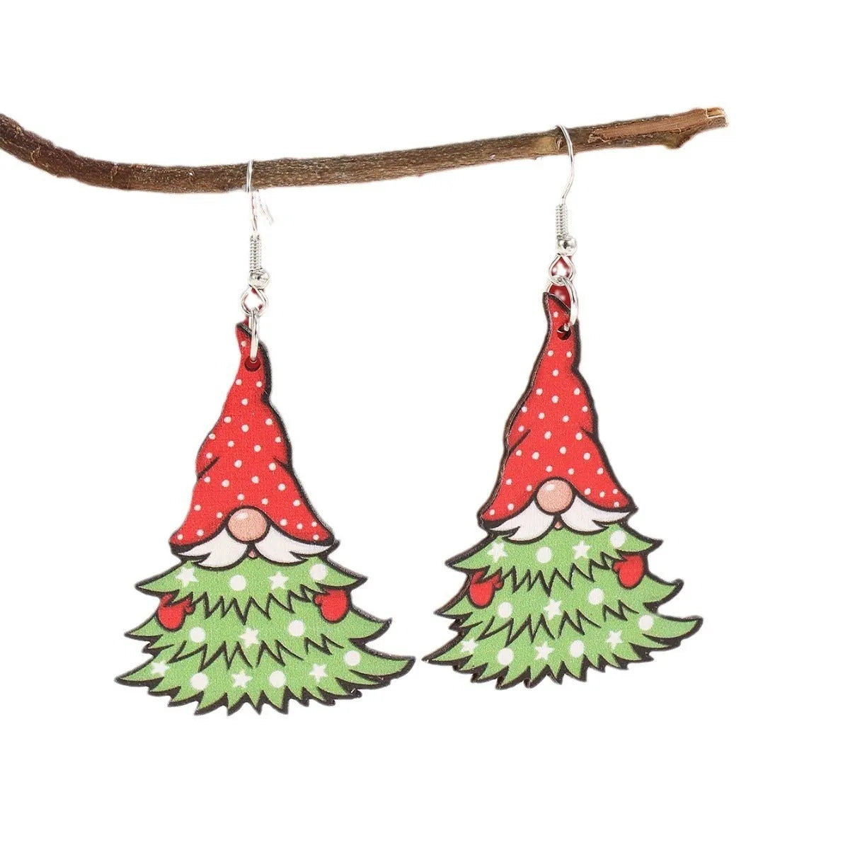 Women's wooden Christmas earrings with geometric tree and snowman shapes featuring Santa Claus elements
