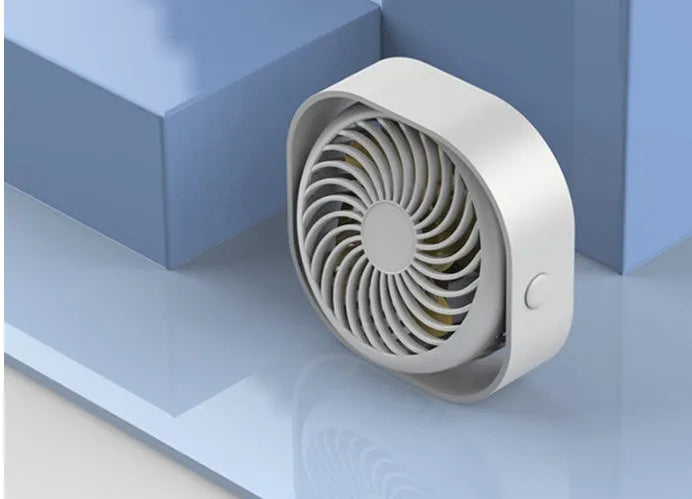 USB desk fan with alarm clock style in blue colour, showing 360-degree rotation feature.
