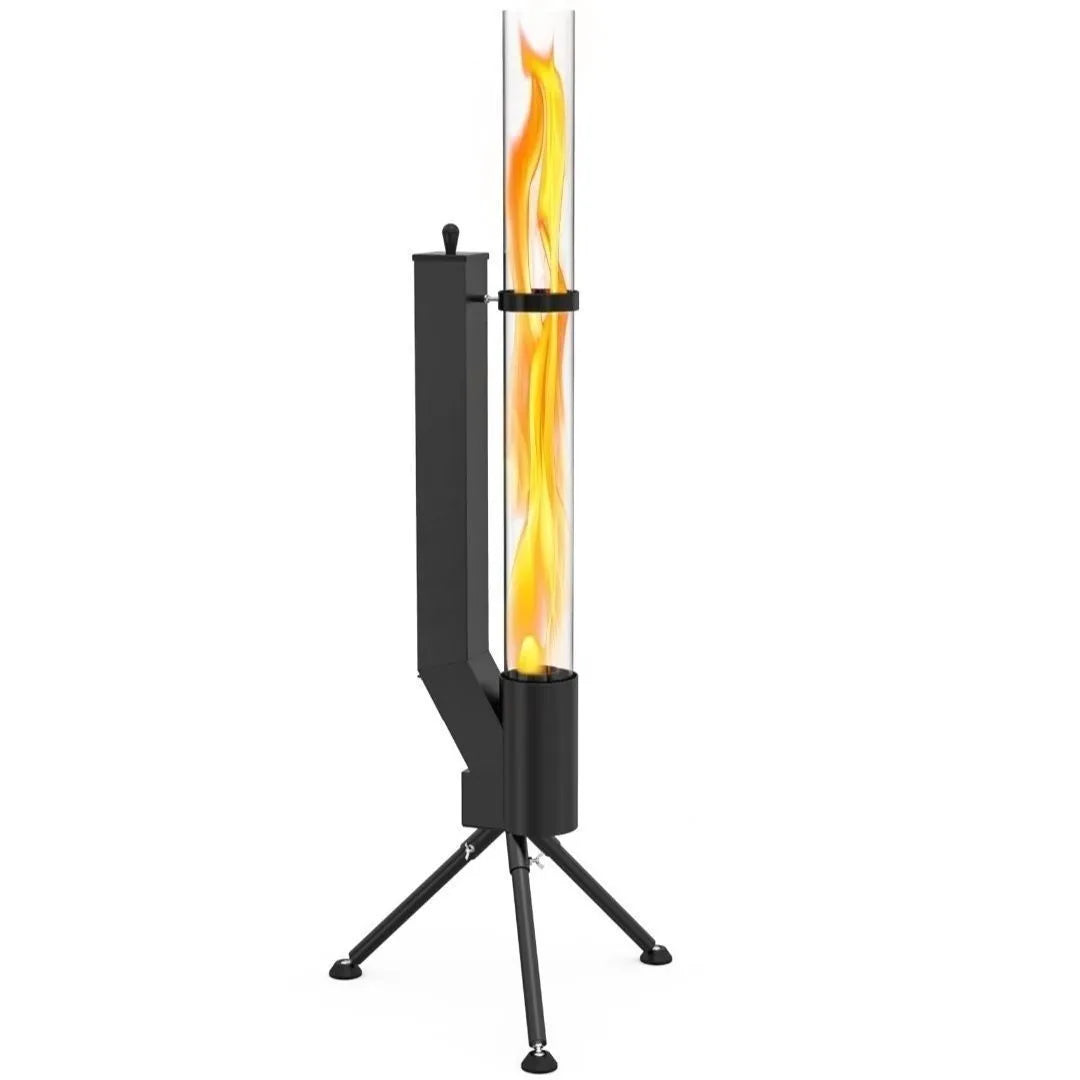 Vertical cast iron wood burning rocket furnace heating stove for courtyard or patio use.