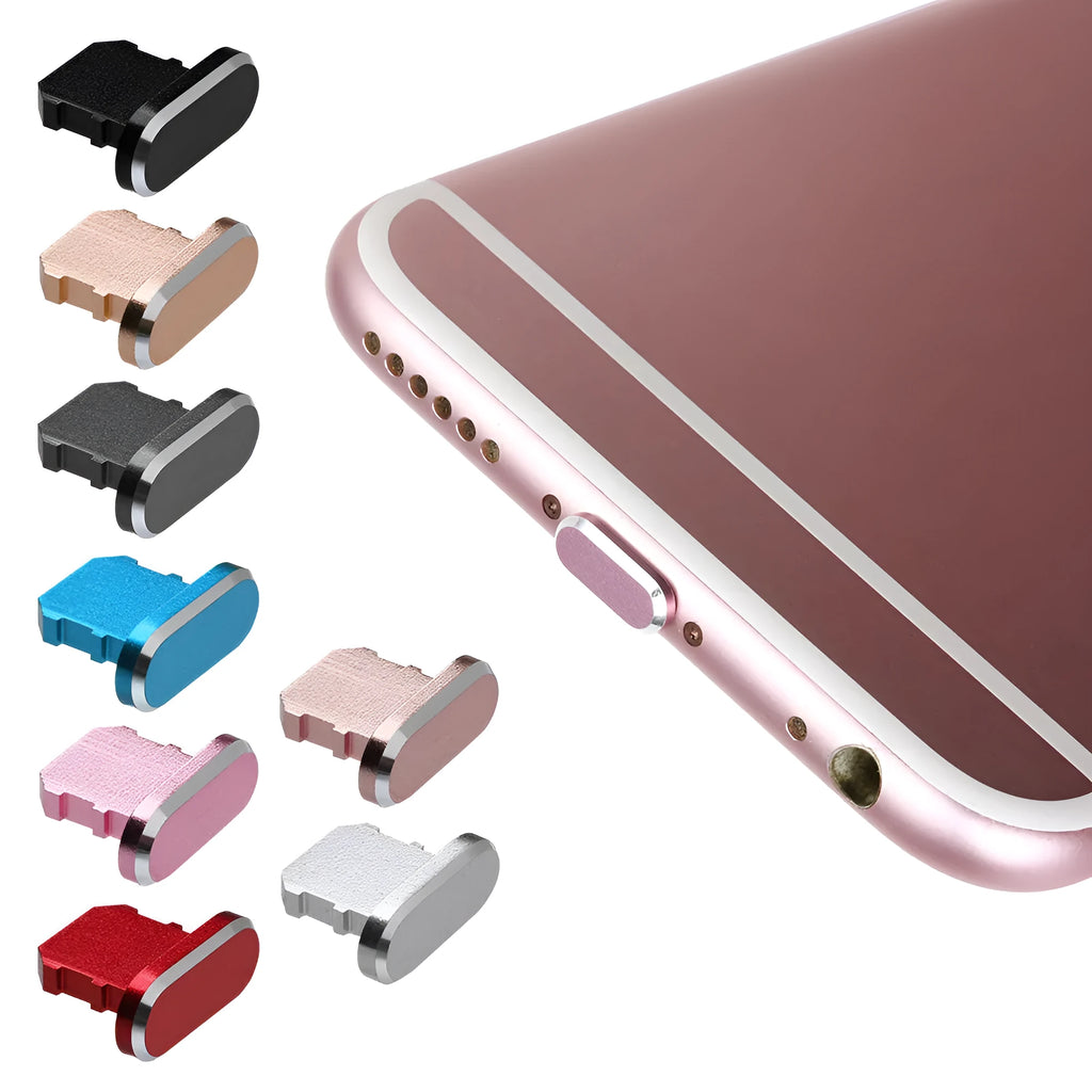 Aluminium alloy mobile phone charging port dust plug for iPhones, shown in rose gold colour.