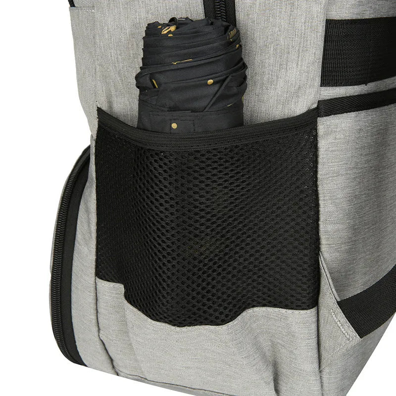 Oxford cloth insulated backpack with curved shoulder straps showing dry-wet separation compartments and pull rod belt accessory