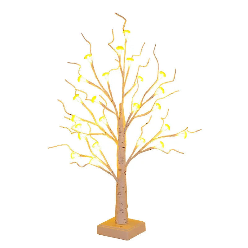60cm tall mushroom tree LED lamp with warm light colour and 24 detachable plastic flowers on birch tree design