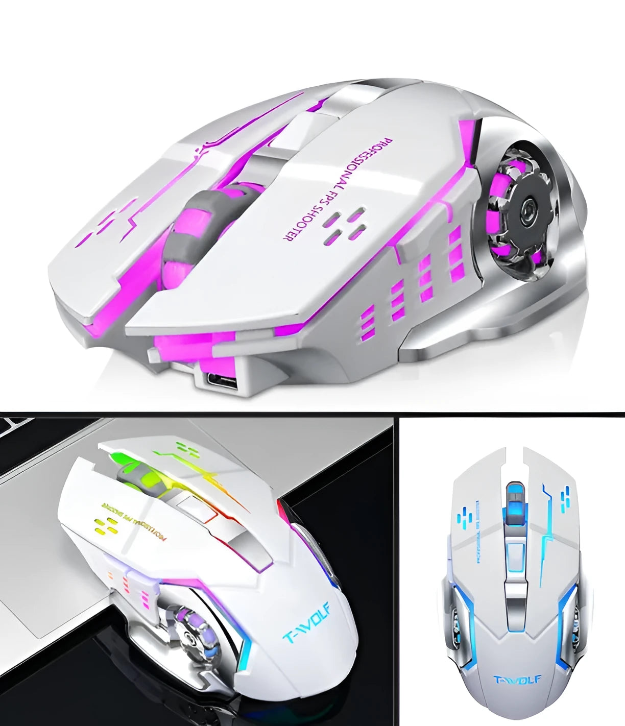 Black and white wireless computer mouse with USB-C charging port and six buttons