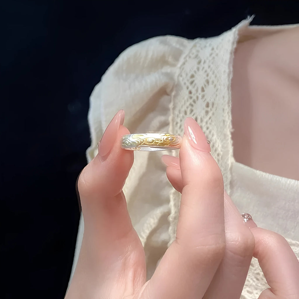 White copper open mouth ring with J14 Xiangyun geometric pattern, fairy style.