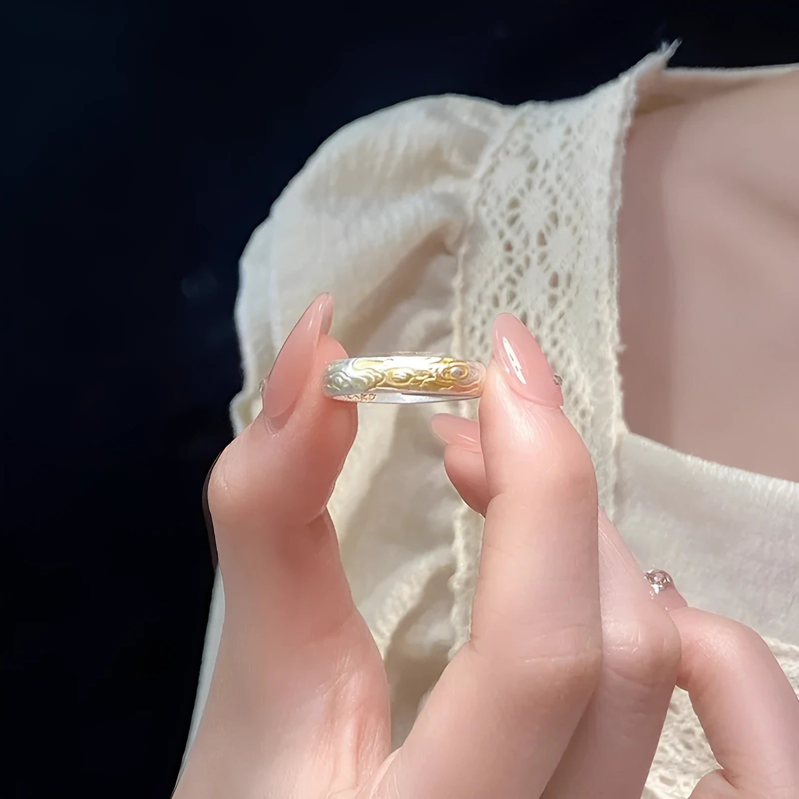 White copper open mouth ring with J14 Xiangyun geometric pattern, fairy style.