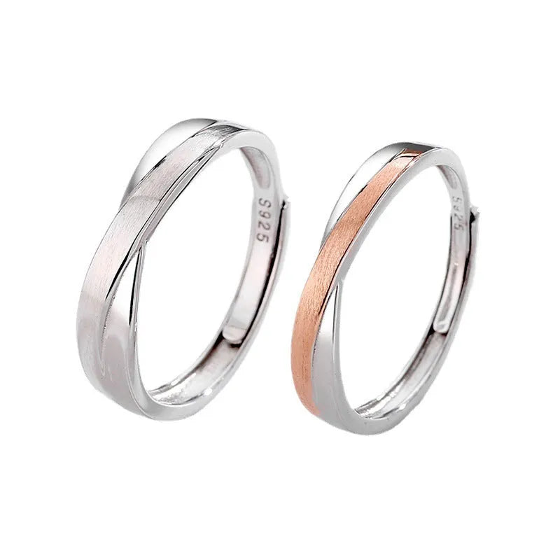 S925 sterling silver Mobius strip interwoven double knot adjustable couple ring on finger showing geometric infinity design