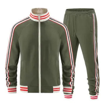 Khaki coloured turtleneck zipper cardigan and matching trousers leisure suit on a hanger.