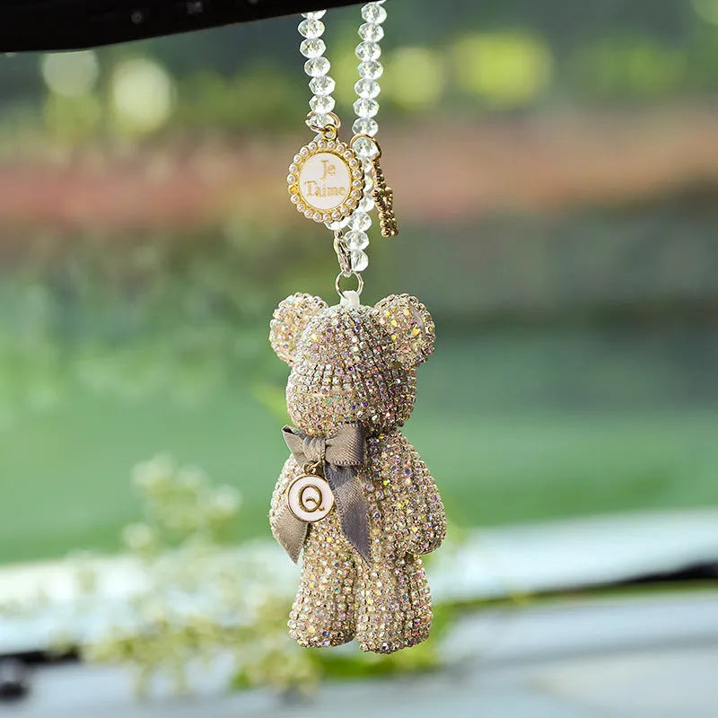 White violent bear car rearview mirror pendant with diamond rhinestones measuring 5x9cm