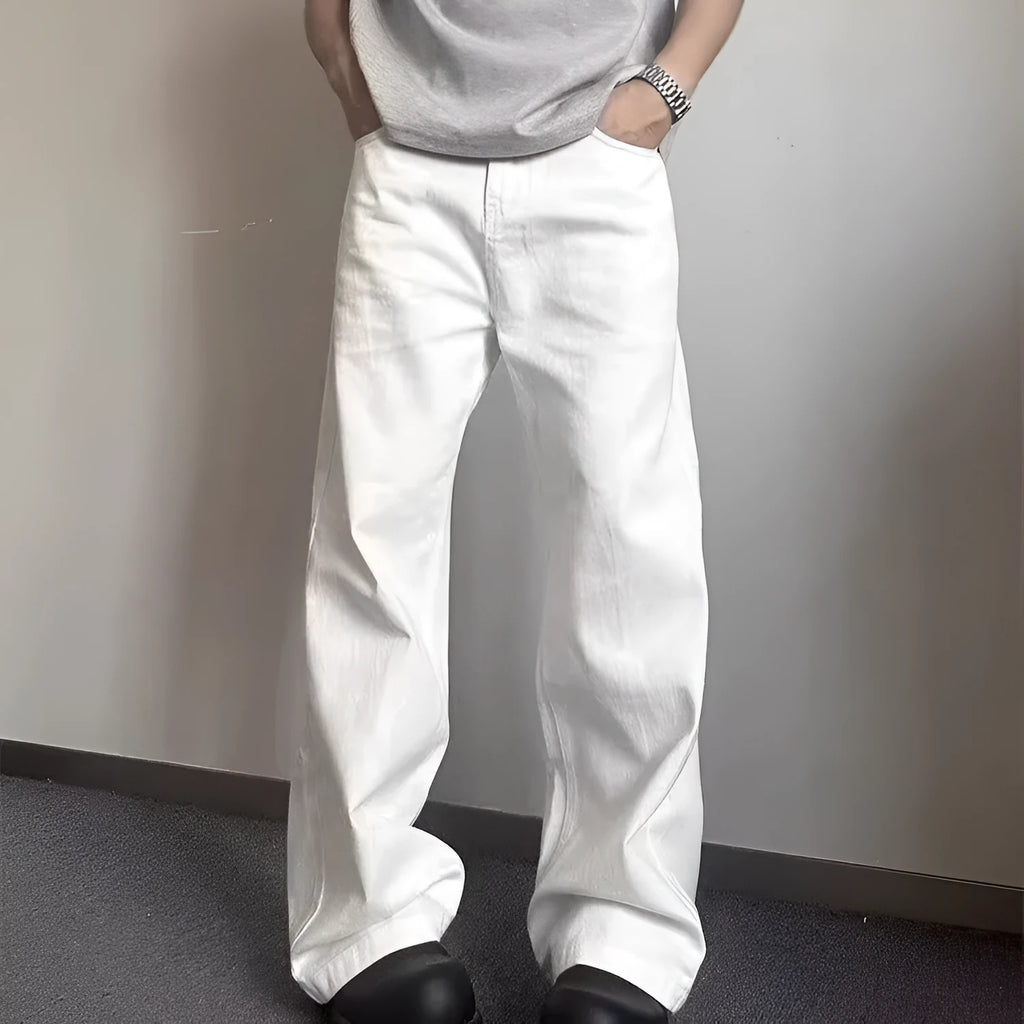 Men's white straight-leg denim jeans with loose wide-leg cut and mid-waist design