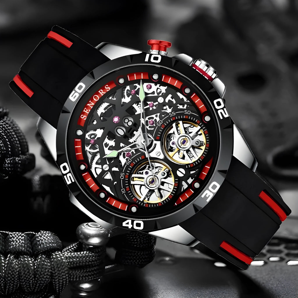 Automatic mechanical men's watch with skeleton dial and luminous hands in business-style casing