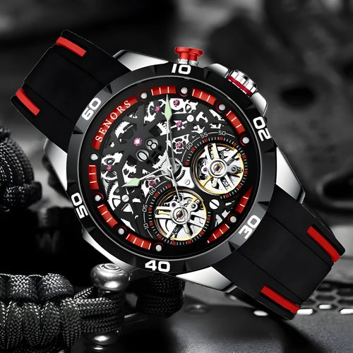 Automatic mechanical men's watch with skeleton dial and luminous hands in business-style casing