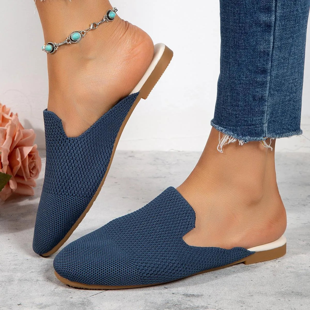 Mesh slip-on sandals in apricot, blue, or green with round toe and flat rubber sole