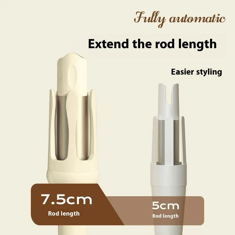 Automatic hair curler with 32mm ceramic barrel in pink, showing wired power cord and included US/EU travel adapters.