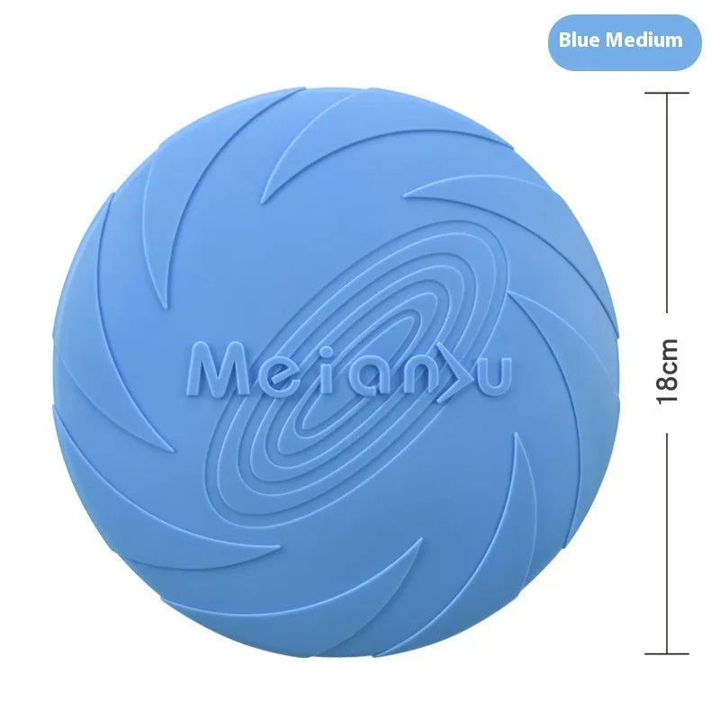 Soft rubber dog frisbee in red, blue, or green colours in small, medium, or large sizes