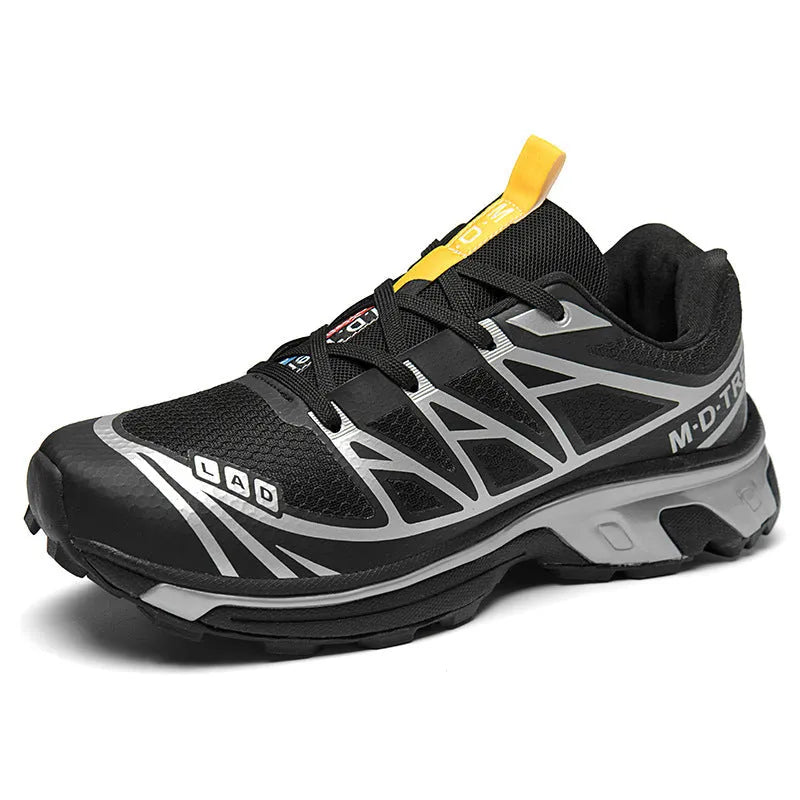 Men's and women's low top hiking shoes with artificial leather upper and rubber sole in black silver and khaki colors for outdoor tourism