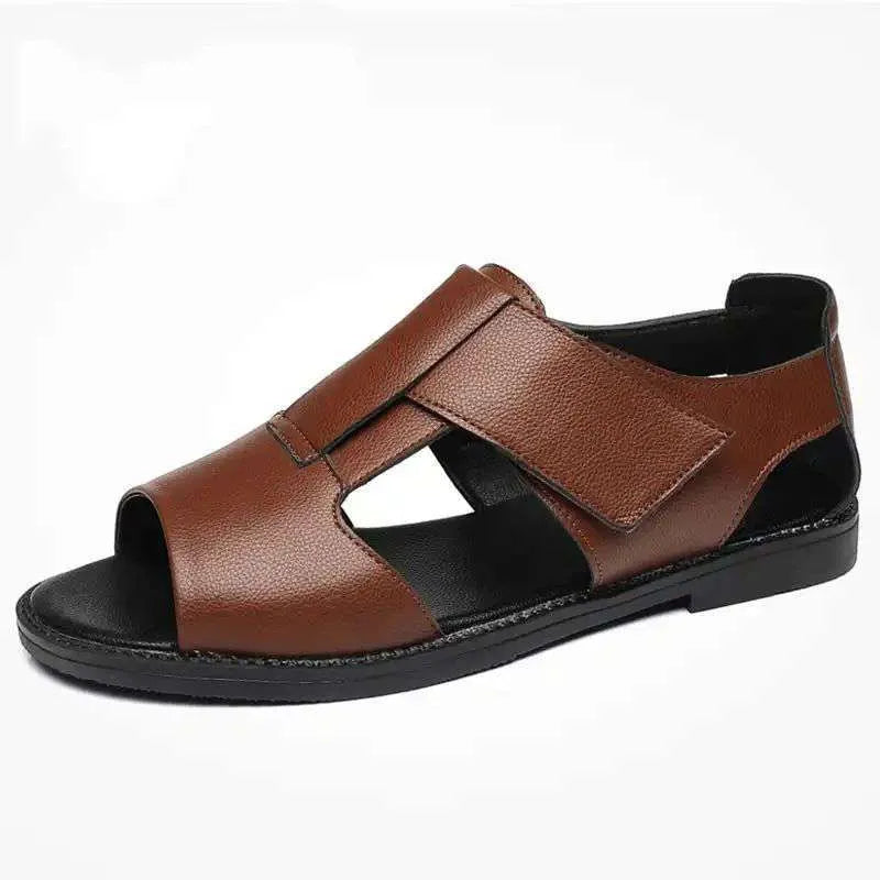Men's black leather Roman sandals with an open toe and rubber sole on a white background.
