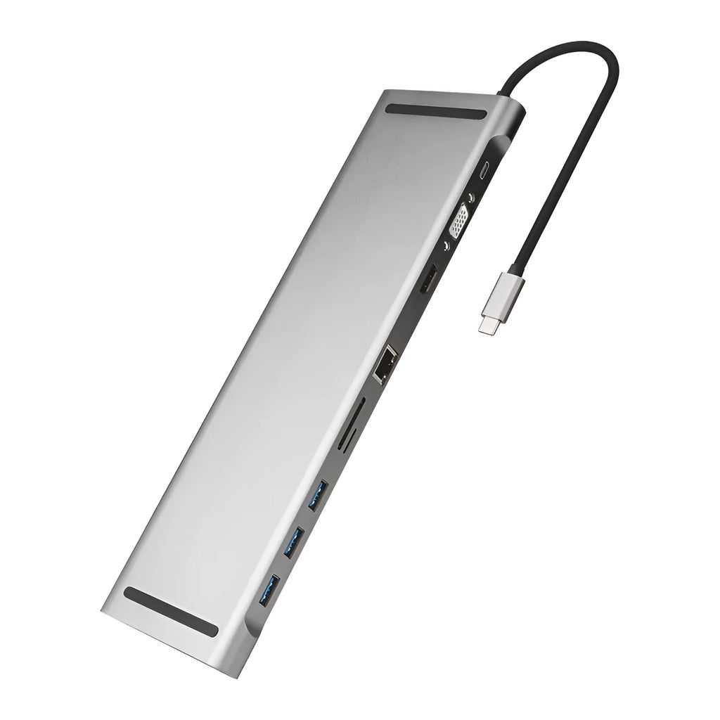 Grey ten-port laptop docking station with integrated cooling bracket showing HDMI, VGA, USB, and Ethernet ports