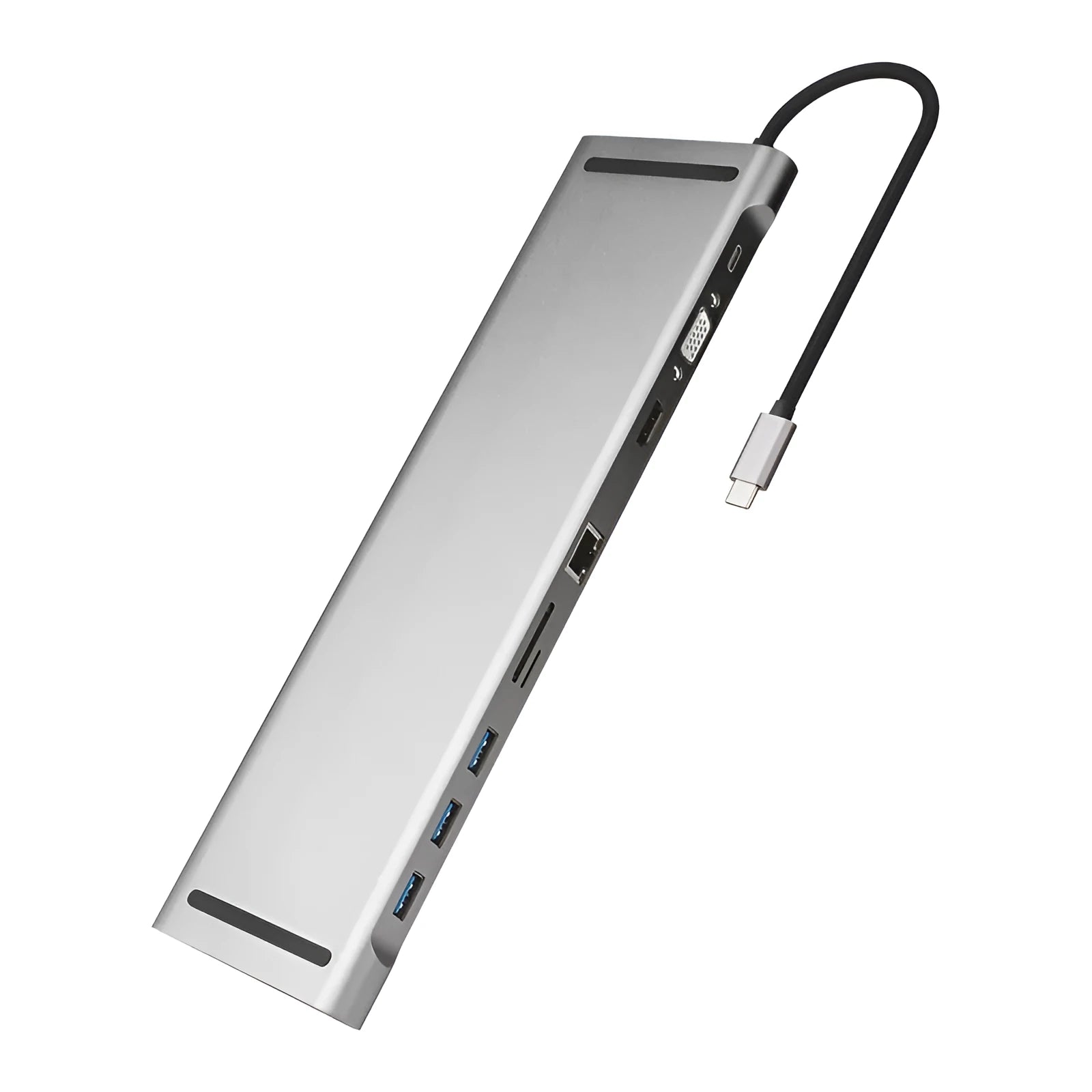 Grey ten-port laptop docking station with integrated cooling bracket showing HDMI, VGA, USB, and Ethernet ports