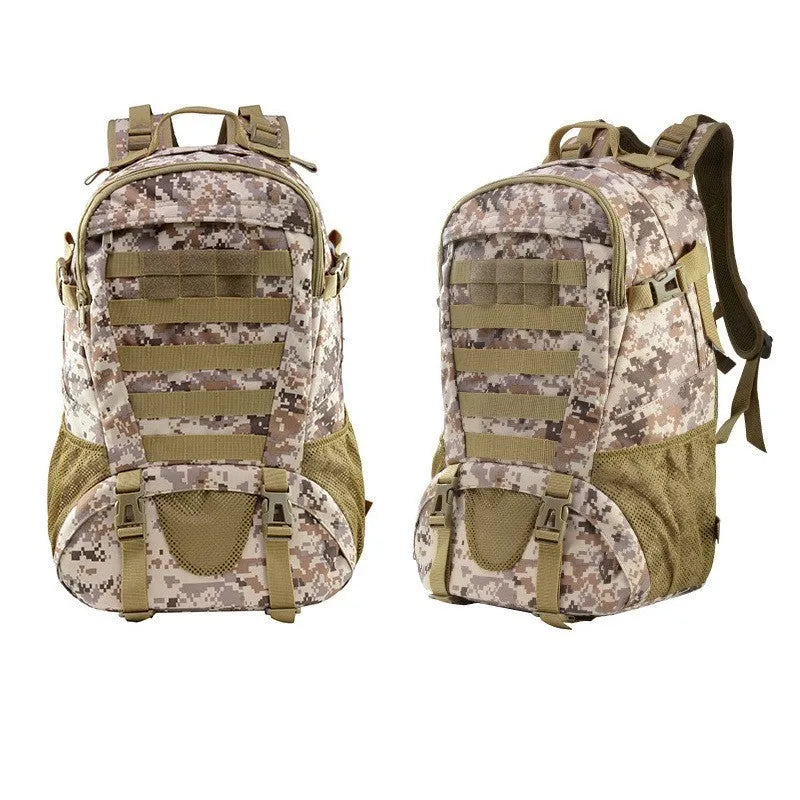 Outdoor mountaineering backpack in Oxford cloth with air pillow belt system shown in camouflage colour