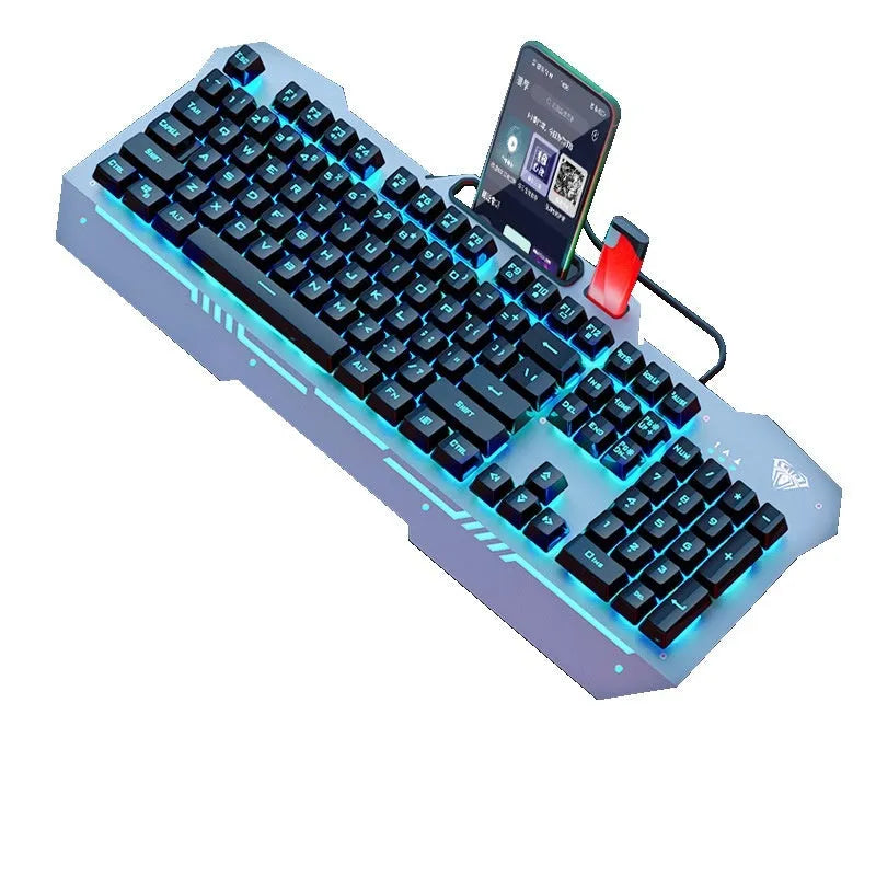 F3010 black and white metal gaming keyboard, mouse, and headset bundle with single-colour LED backlighting.
