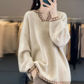 Women's v-neck viscose fibre sweater in camel colour with regular long sleeves