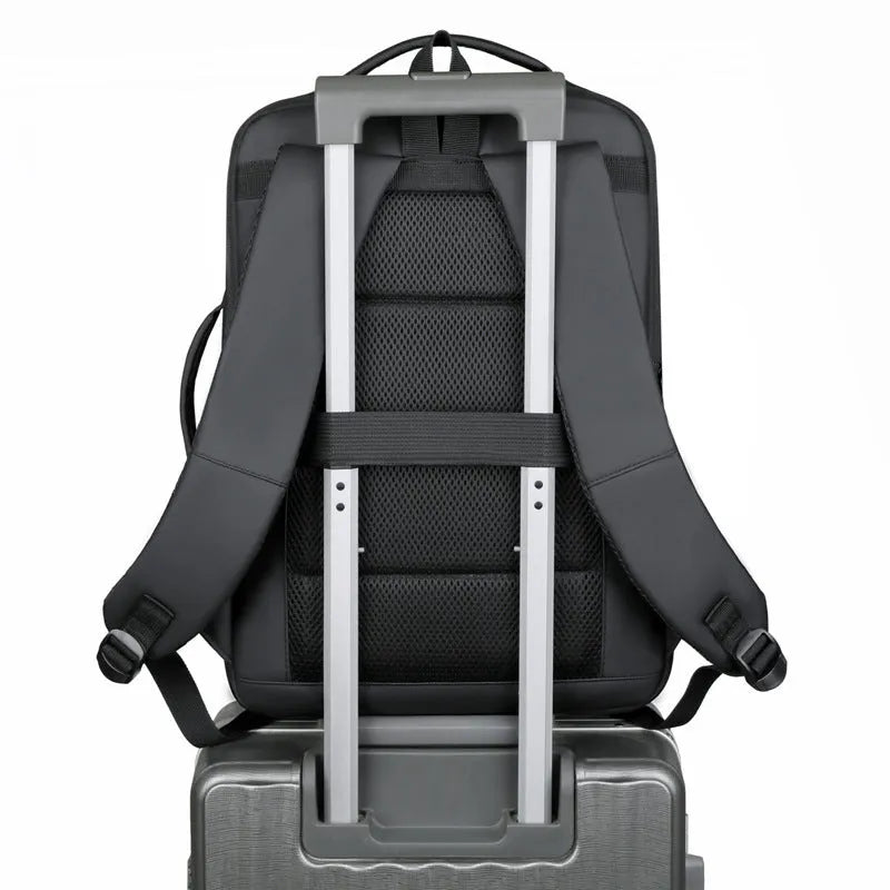 Large black business backpack with curved shoulder strap and waterproof Oxford cloth construction