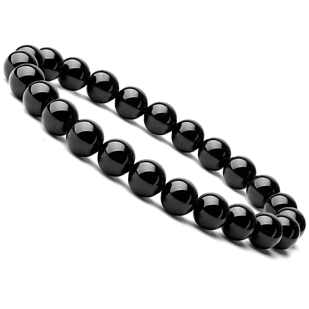 Women's geometric black agate bracelet with 8mm beads on a black elastic cord.