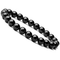 Women's geometric black agate bracelet with 8mm beads on a black elastic cord.