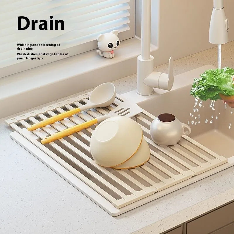 Foldable milky white stainless steel kitchen draining rack shown open and collapsed.