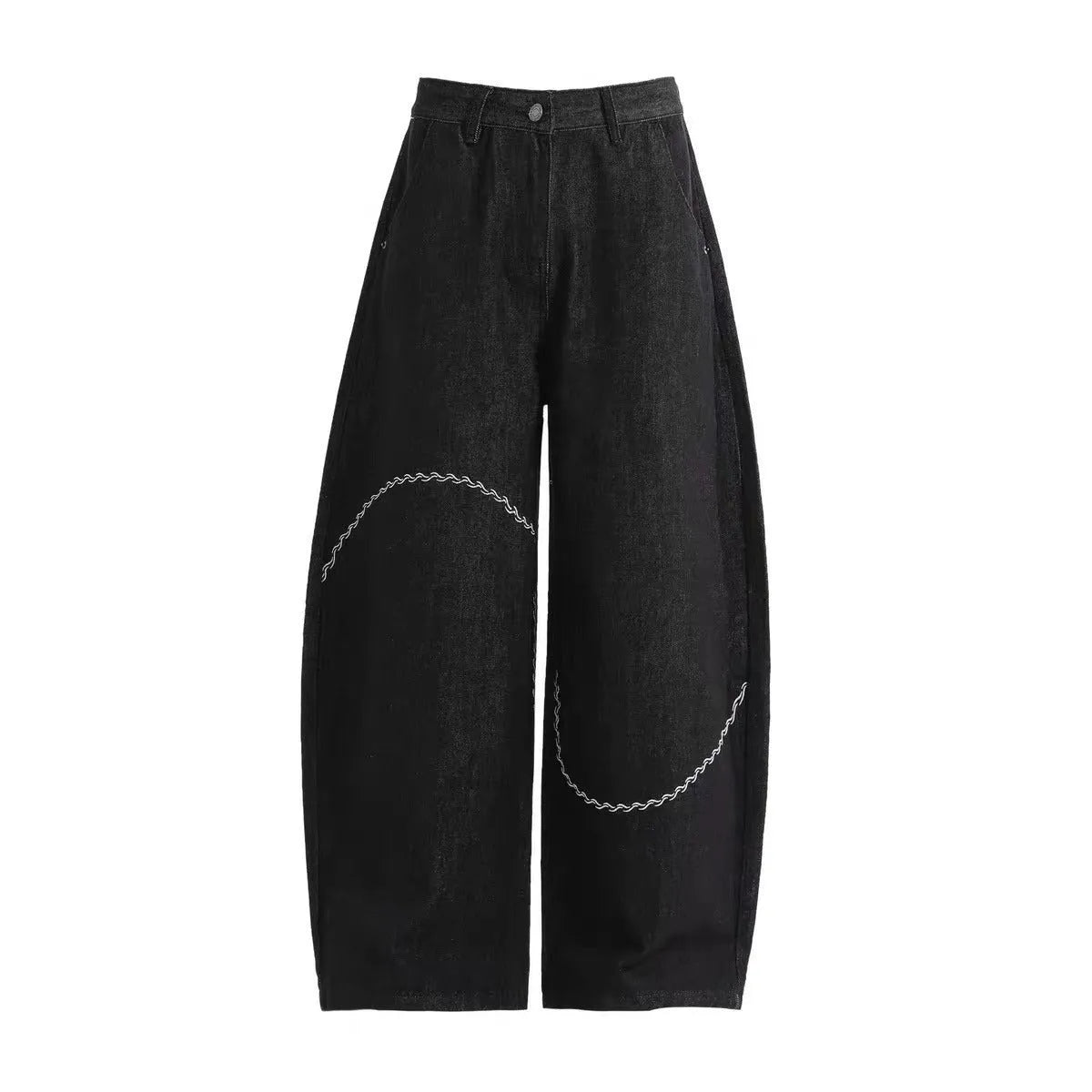 Black straight-leg denim trousers on a hanger, showing mid waist and zip placket detail.