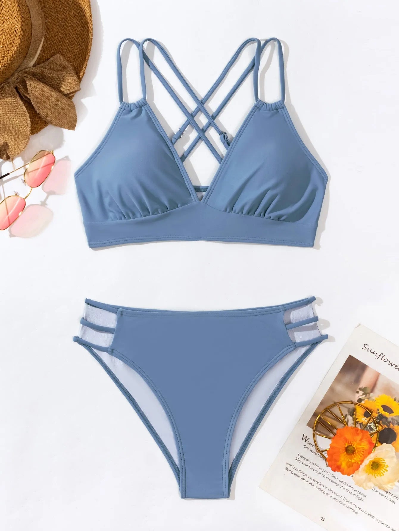 Women's V-neck halter bikini swimsuit with split bottoms in multiple colour options