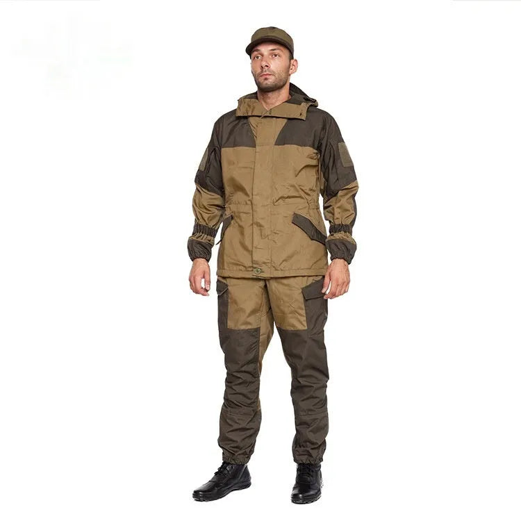 Men's Special Forces tactical camouflage battle suit jacket and trousers set in cotton blend fabric.