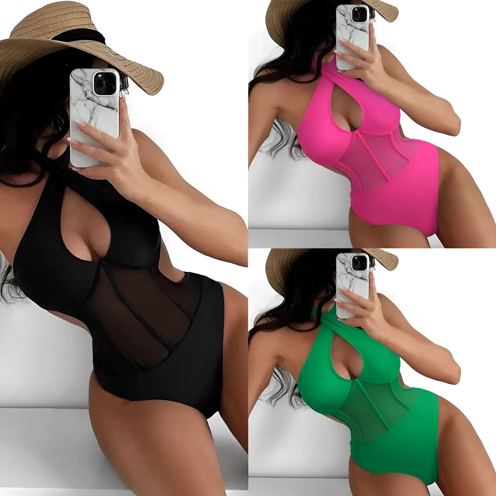 Women's black one-piece swimsuit bikini with nylon-spandex fabric for swimming