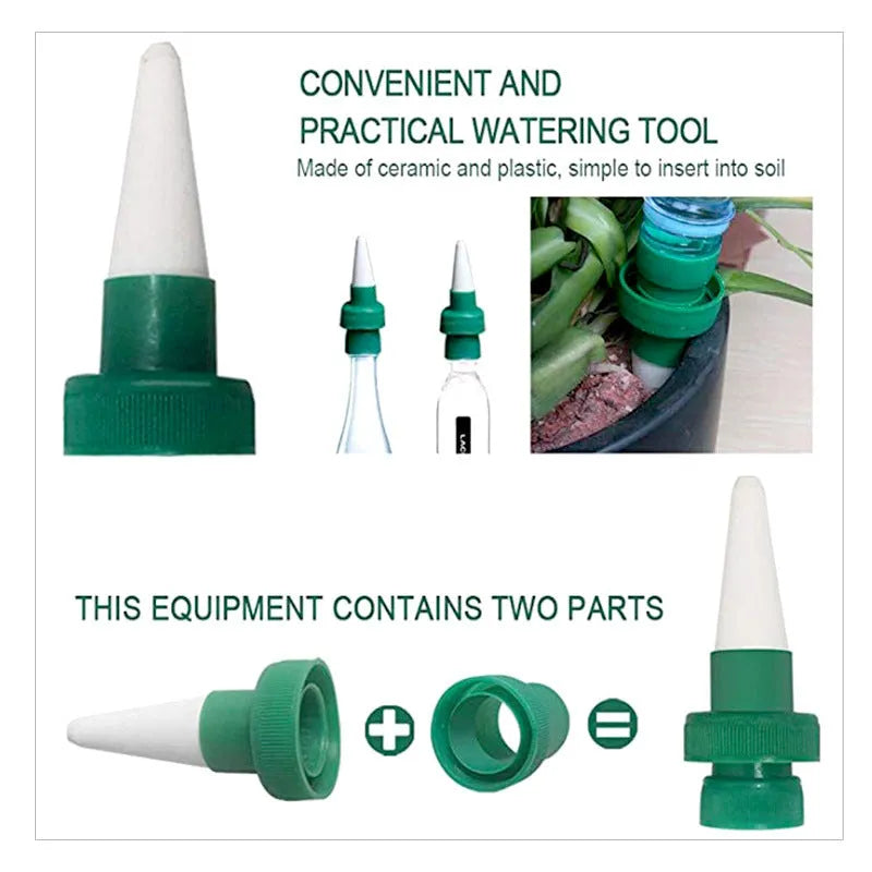 Green ceramic plant water dripper designed for cola bottle irrigation systems