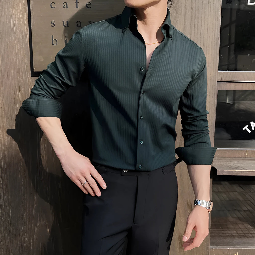 Men's striped V-neck long sleeve casual shirt in polyester blend fabric
