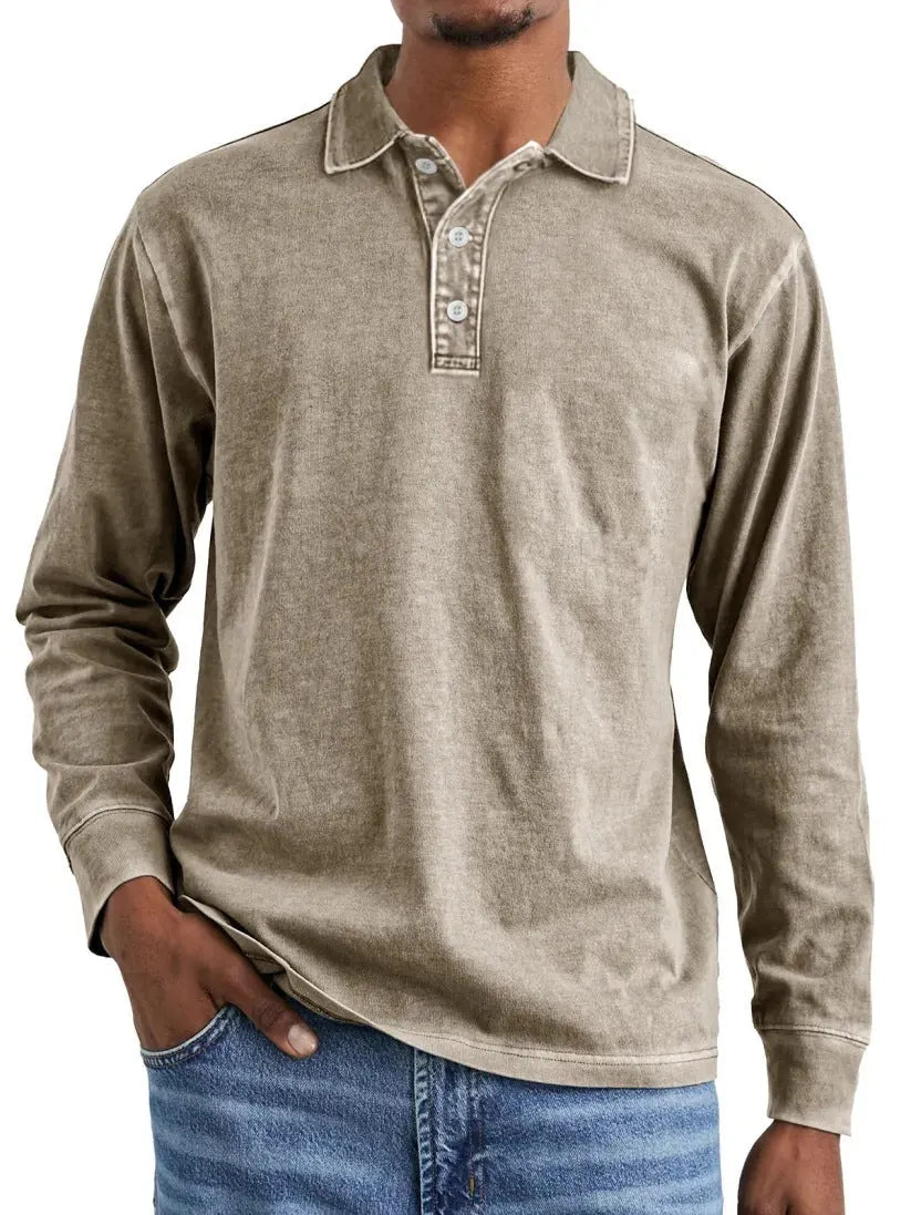 Retro washed distressed cotton lapel polo shirt in long sleeve design on mannequin