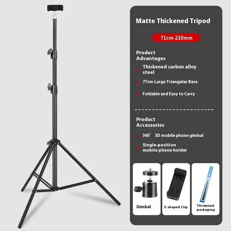 Frosted finish tripod stand with mobile phone holder attached, showing height adjustment mechanism
