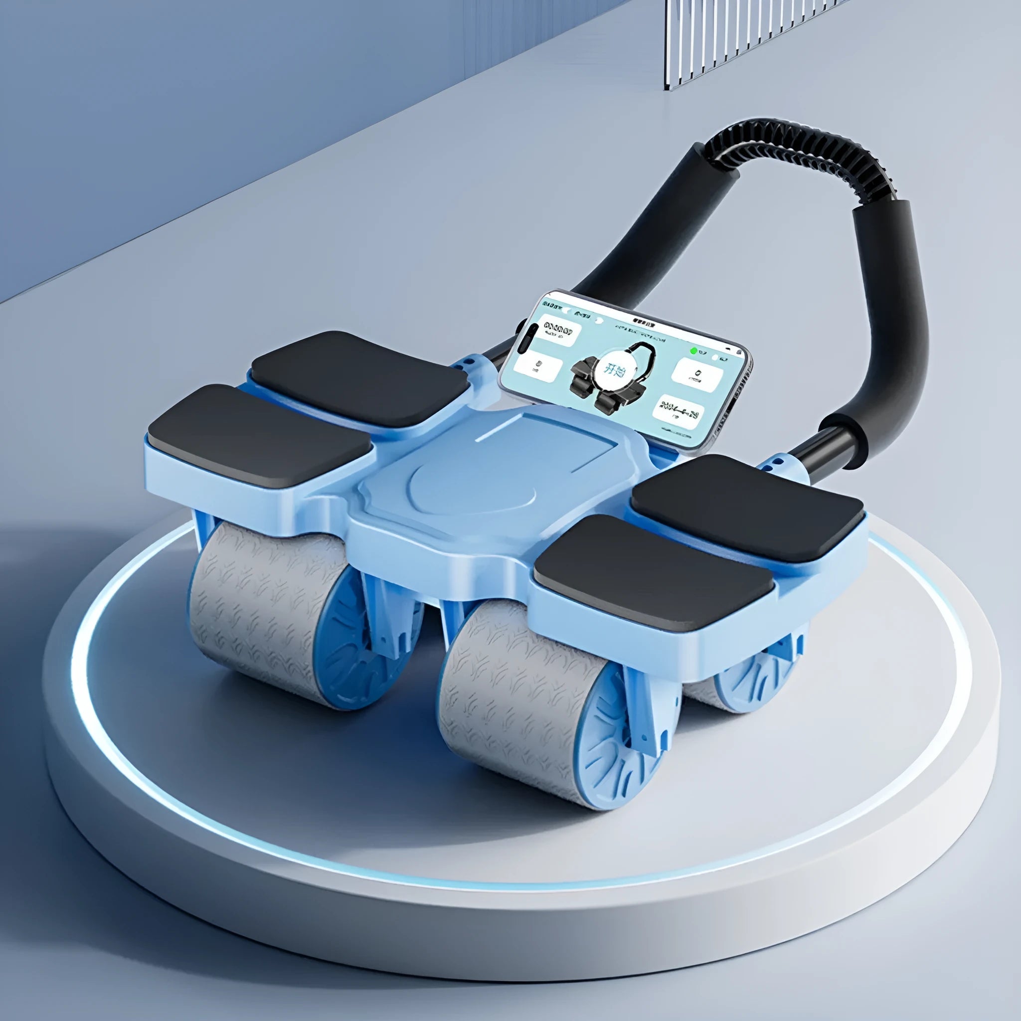 Black automatic rebound abdominal wheel with four wheels on a floor.