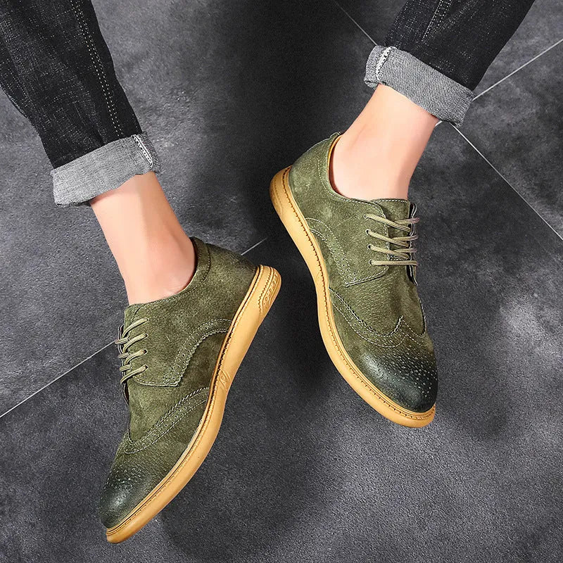 Men's black genuine cowhide leather low top business shoes with lace-up design and rubber sole.