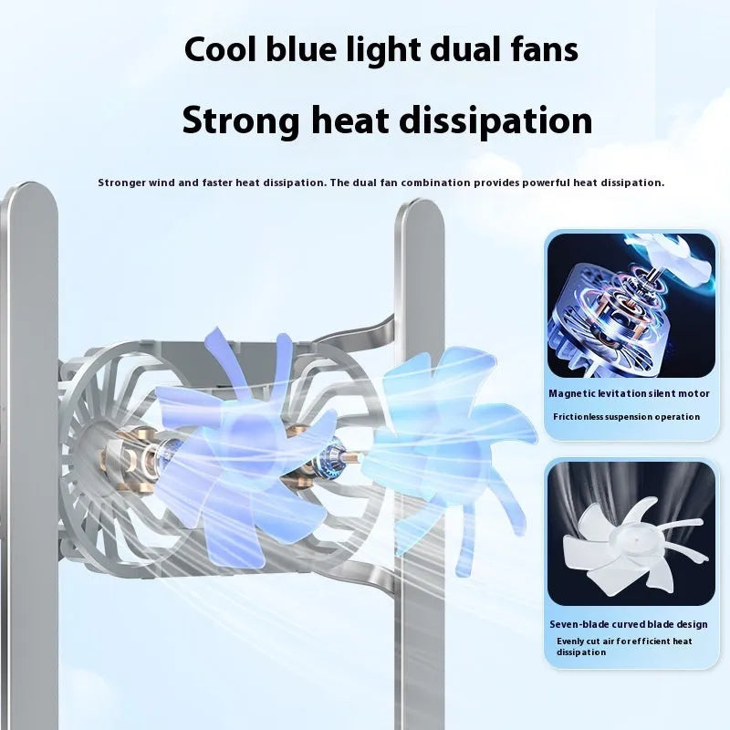 Silver aluminium laptop stand with twin cooling fans in a lifted position on a desk