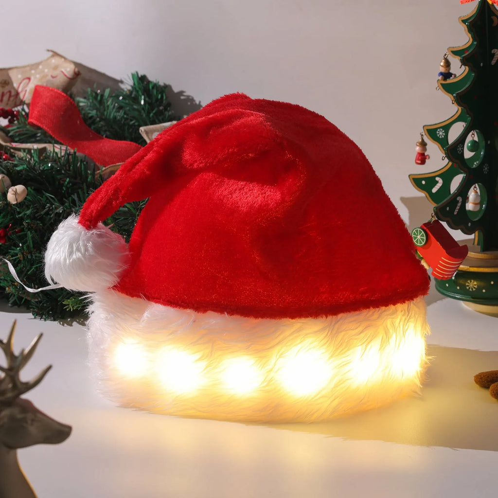 Red and white plush LED Santa hat with glowing coloured lights and a white pom-pom.