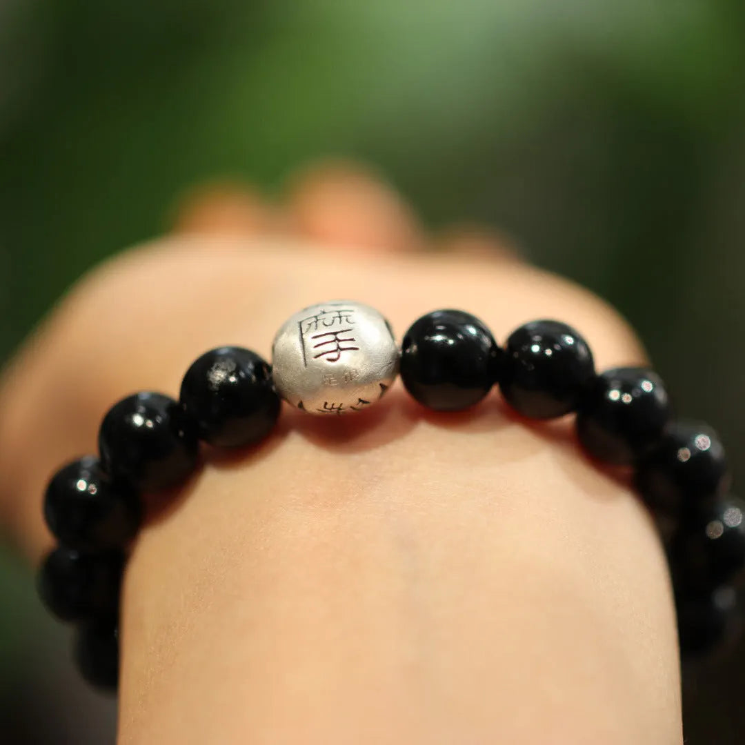 10mm black agate and sterling silver Chinese style bracelet manual construction