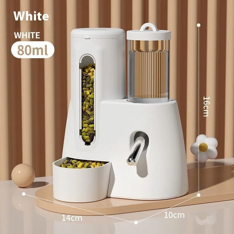 Blue hamster automatic water bottle and dual-compartment white food basin attached together.